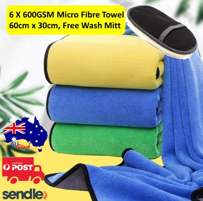 6X 600GSM Premium Microfibre Car Detailing Cleaning Drying Towel Cloth free Mitt